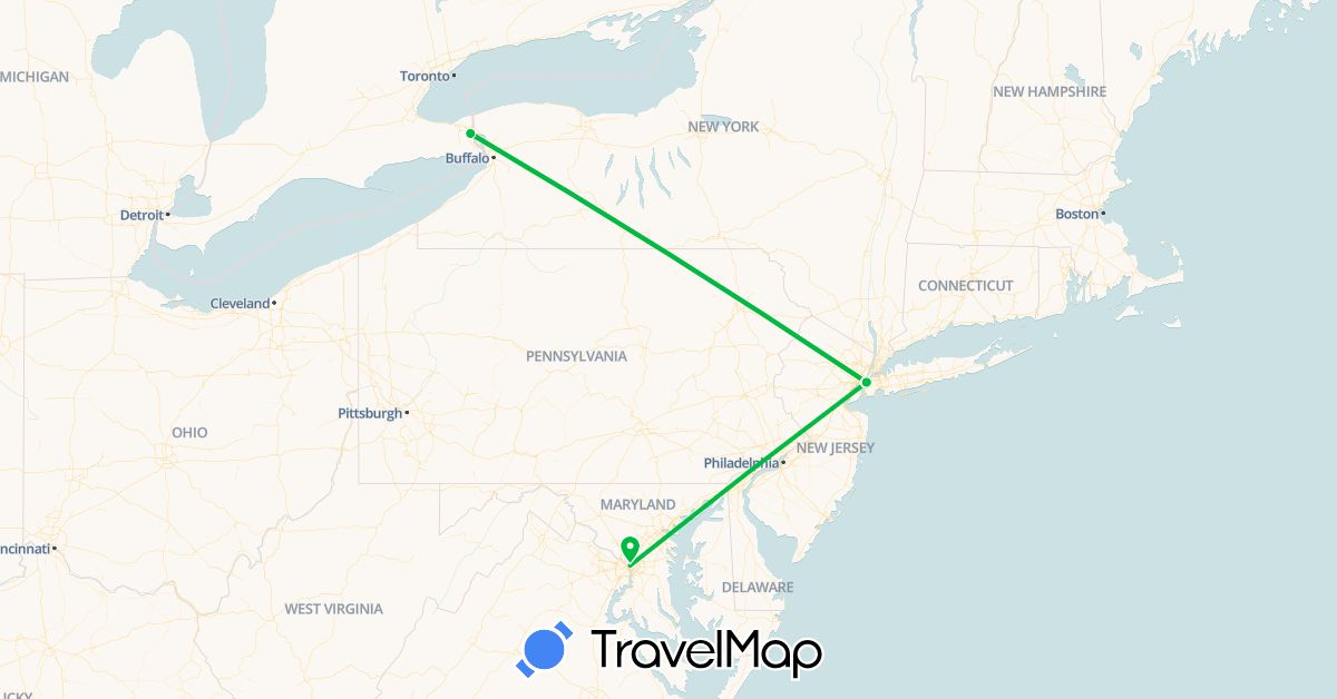 TravelMap itinerary: bus, plane in Canada, United States (North America)